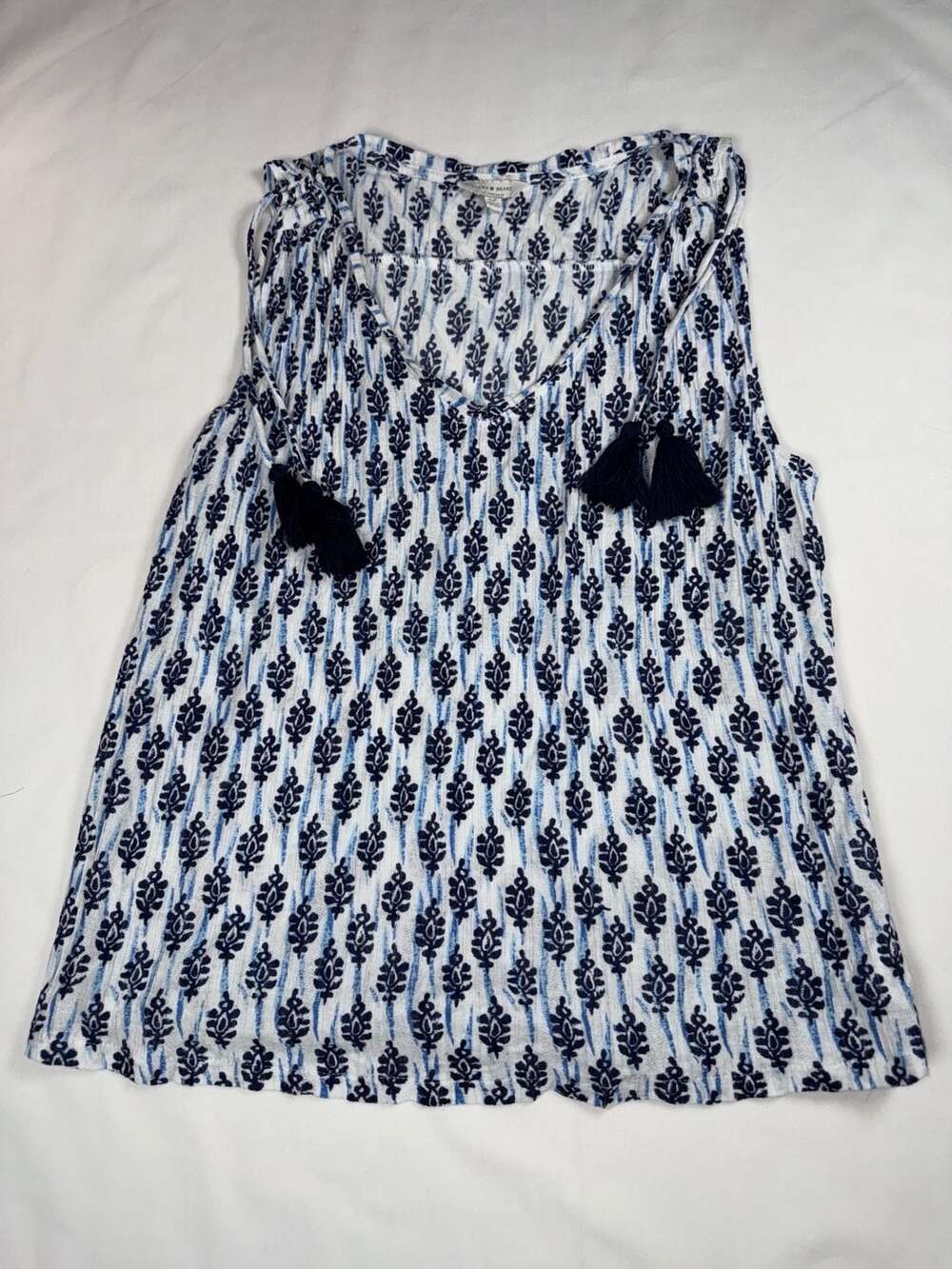 Lucky Brand Tank Top Size S/P Blue White Block Print Tassel Tie Shoulder
